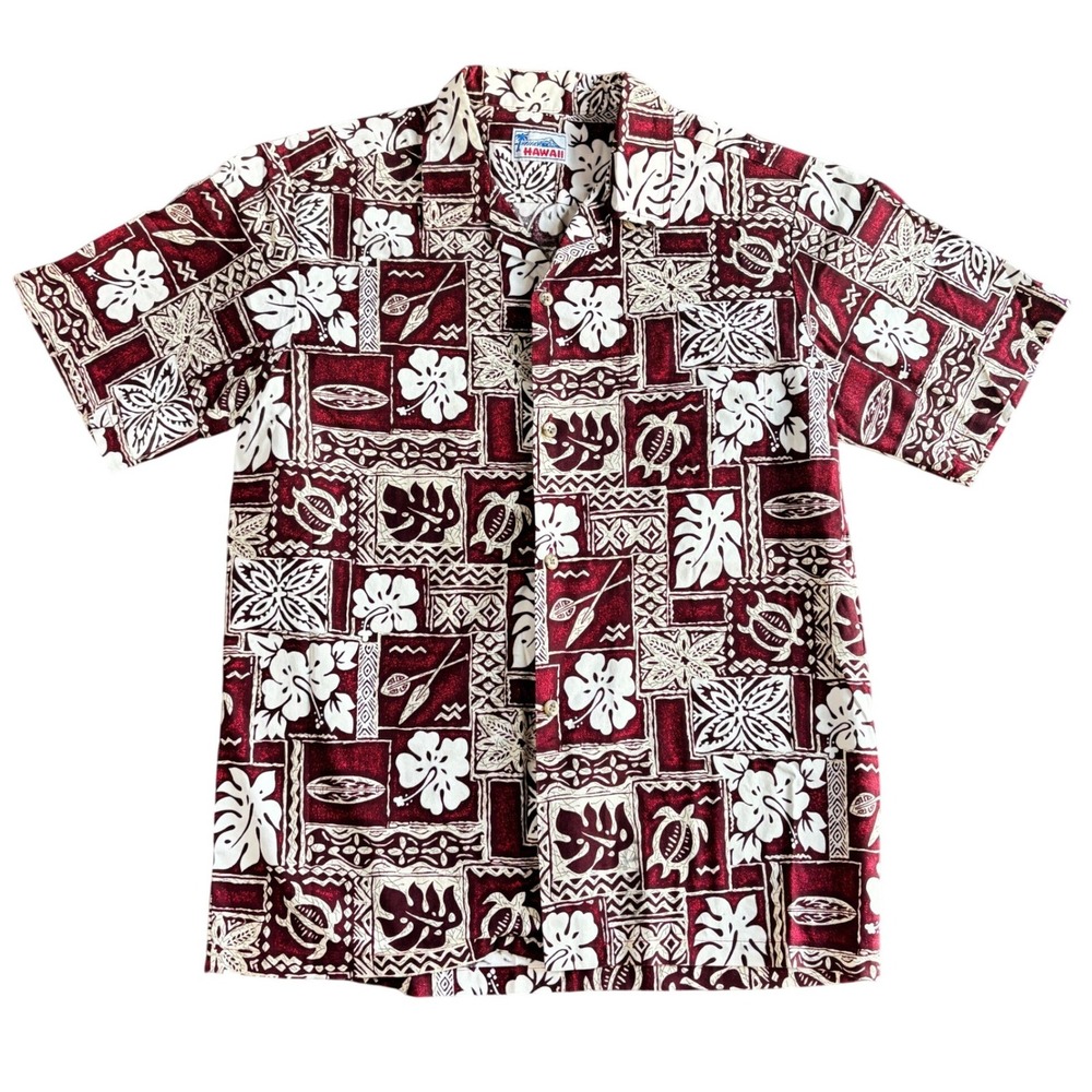 Hawaii Mens Sz M Short Sleeve Button Up Aloha Shirt Burgundy Red Hibiscus Turtle